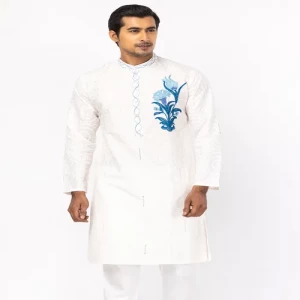 White Printed and Embroidered Cotton Slim Fit Panjabi