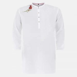 White Embroidered Viscose-Cotton Slim Fit Panjabi