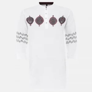 White Printed and Embroidered Viscose Slim Fit Panjabi