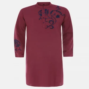 Burgundy Embroidered Cotton Slim Fit Panjabi