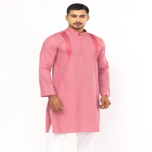 Pink Embroidered Viscose-Cotton Slim Fit Panjabi