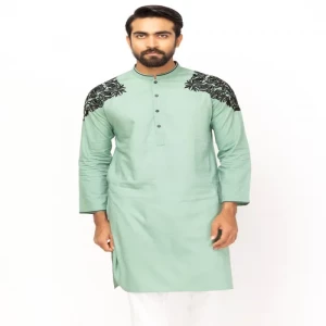 Pistachio Embroidered Viscose Slim Fit Panjabi