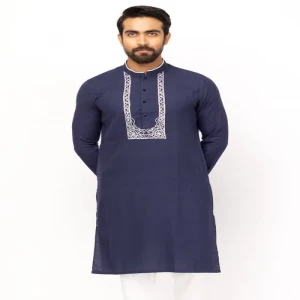 Midnight Blue Textured and Embroidered Cotton Slim Fit Panjabi