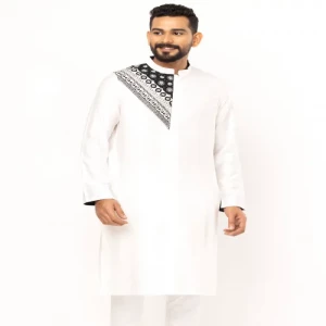 White Printed and Embroidered Cotton Panjabi