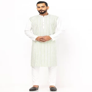 White Printed and Embordered Viscose-Cotton Panjabi