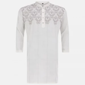 Beige Embroidered Viscose-Cotton Panjabi