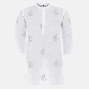 White Printed and Embroidered Cotton Slim Fit Panjabi