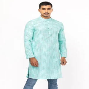 Turquoise Striped Embroidered Slim Fit Cotton Panjabi