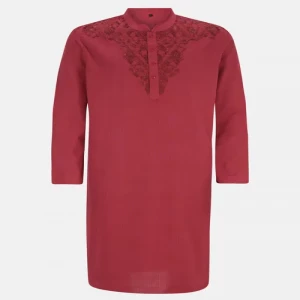 Red Embroidered Viscose-Cotton Panjabi
