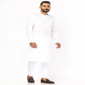 White Embroidered Viscose-Cotton Panjabi