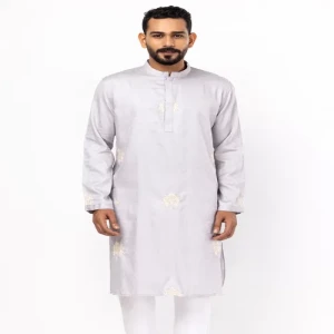 Light Grey Embroidered Cotton Panjabi