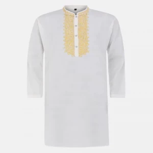 White Embroidered Viscose-Cotton Panjabi