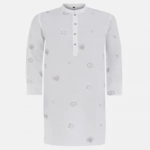 White Embroidered Textured Viscose-Cotton Slim Fit Panjabi