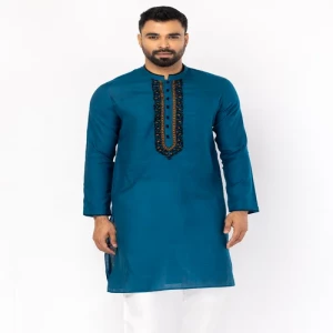 Teal Handloom Erri Embroidered Viscose-Cotton Slim Fit Panjabi