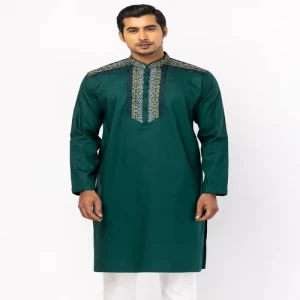 Bottle Green Embroidered Cotton Panjabi