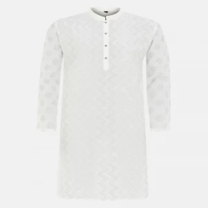White Printed Viscose-Cotton Slim Fit Panjabi