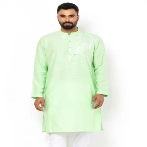 Lime Green Embroidered And Textured Viscose-Cotton Panjabi