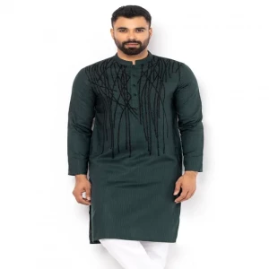 Forest Green Embroidered An Textured Cotton Slim Fit Panjabi