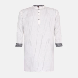 White Striped Textured Viscose-Cotton Panjabi