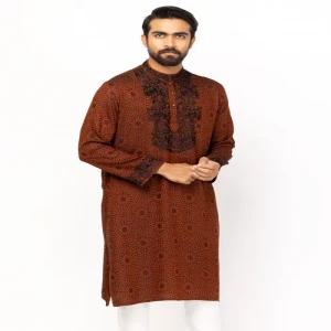 Orange Embroidered and Textured Viscose-Cotton Panjabi