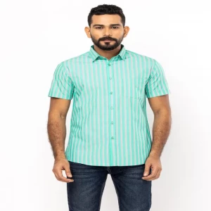 Green Striped Mixed Cotton Fitted Shirt