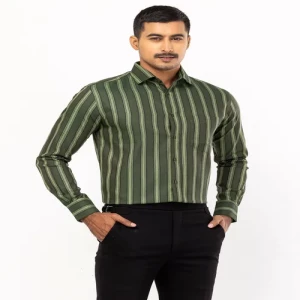 Green Striped Mixed Cotton Executive Shirt