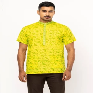 Yellow Printed and Embroidered Cotton Fatua