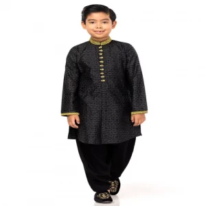 Black Printed And Embroidered Joysree Silk Panjabi Pajama Set
