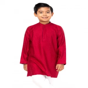 Burnt Red Textured Viscose-Cotton Panjabi Pajama Set
