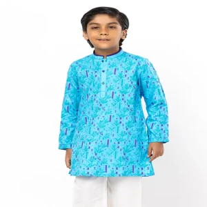 Blue Printed Viscose-Cotton Panjabi Pajama Set