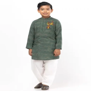 Green Striped Embroidered Viscose-Cotton Panjabi Pajama Set