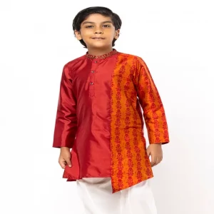 Maroon Printed and Erri Embroidered Silk Panjabi Pajama Set