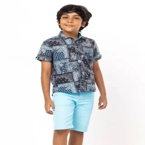 Black/Teal Printed Cotton Shirt Pant Set