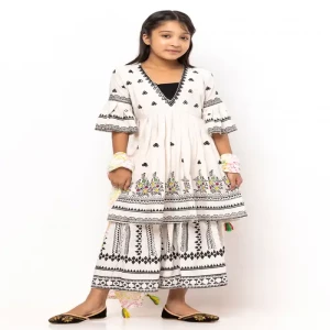White Printed and Embroidered Linen Shalwar Kameez