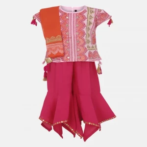 Pink Printed and Embroidered Linen Ghagra Choli