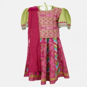 Parrot Green Printed And Embroidered Linen Ghagra Choli Set