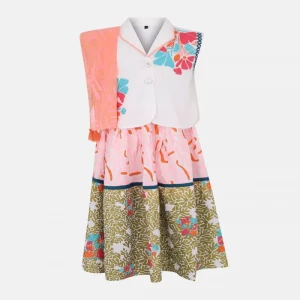 White Printed and Embroidered Linen Ghagra Choli