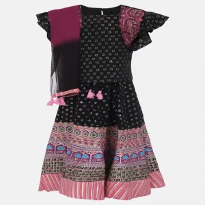 Black Printed and Embroidered Linen Ghagra Choli