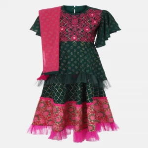 Bottle Green Printed and Embroidered Linen Ghagra Choli