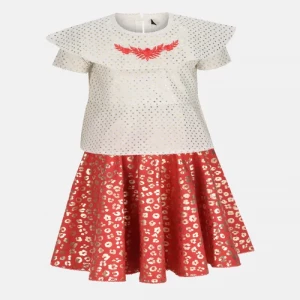 Ivory Printed and Embroidered Cotton Skirt Top Set