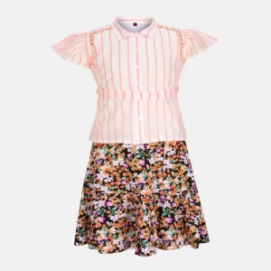 White Mixed Cotton-Linen Skirt Top Set