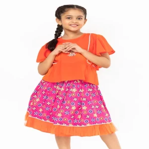 Orange Embroidered Linen Skirt Top Set