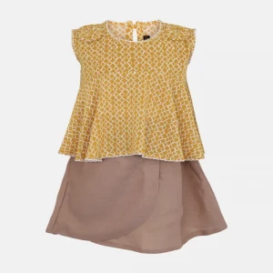 Yellow Printed Mixed Cotton Skirt Top Set