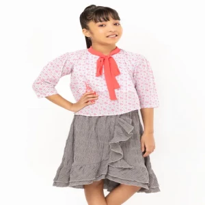 White Striped Printed and Embroidered Cotton Skirt Top Set