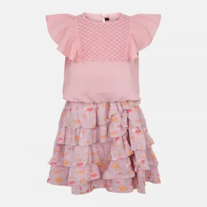 Pink Printed and Embroidered Cotton Skirt Top Set