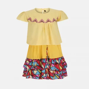 Yellow Printed and Embroidered Linen Skirt Top Set