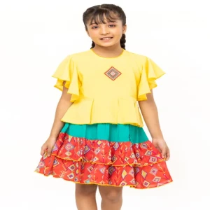 Yellow Embroidered Linen Skirt Top Set