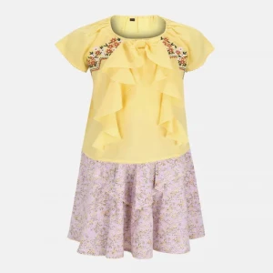 Yellow Embroidered Linen Skirt Top Set