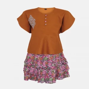 Rust Printed and Embroidered Linen Skirt Top Set