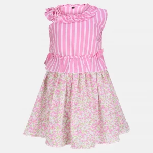 Pink Striped Printed Cotton Skirt Top Set